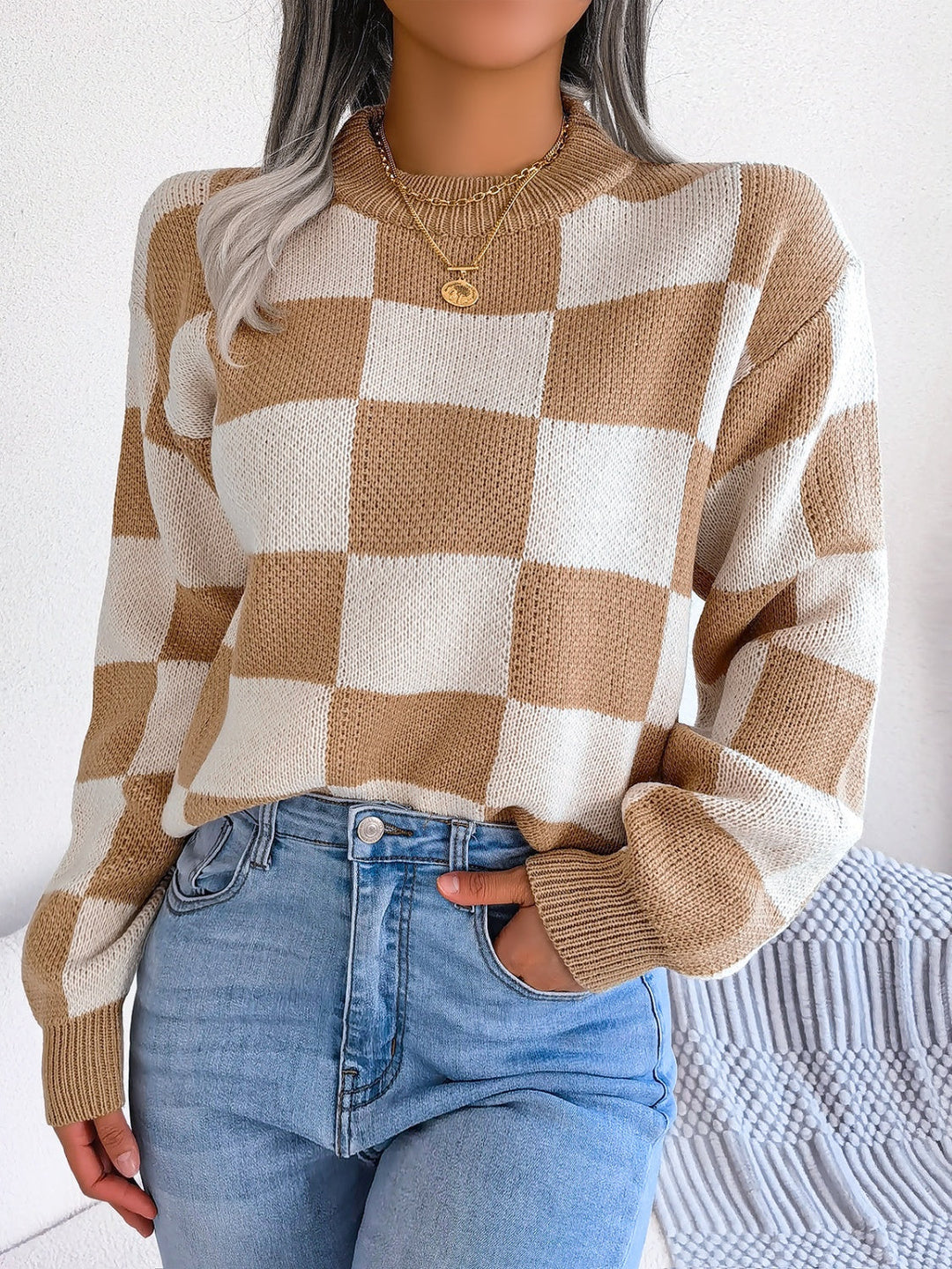 Stilla | Karo Sweater Med Lange Ærmer og Ståkrave
