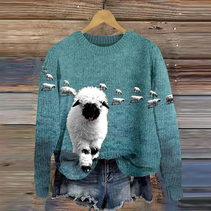Stilla | Behagelig Strikpullover Med Rund Halsudskæring og Stray Sheep Tryk