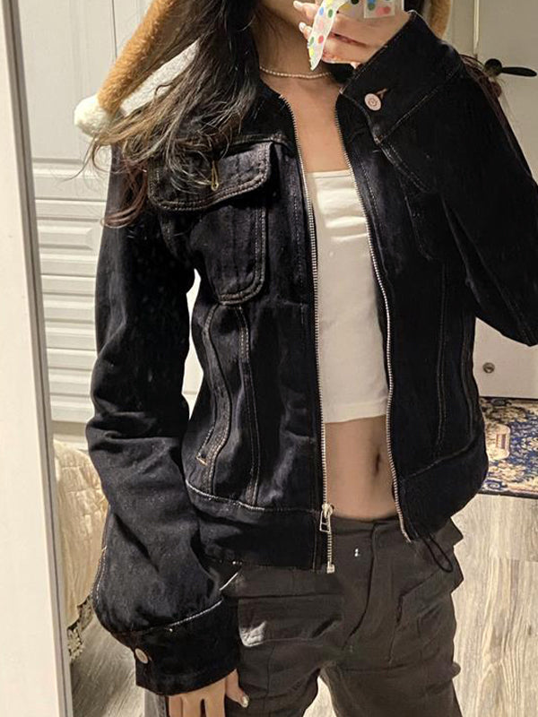 Stilla | Sort Denim Reverskrave Zip Kort Jakke