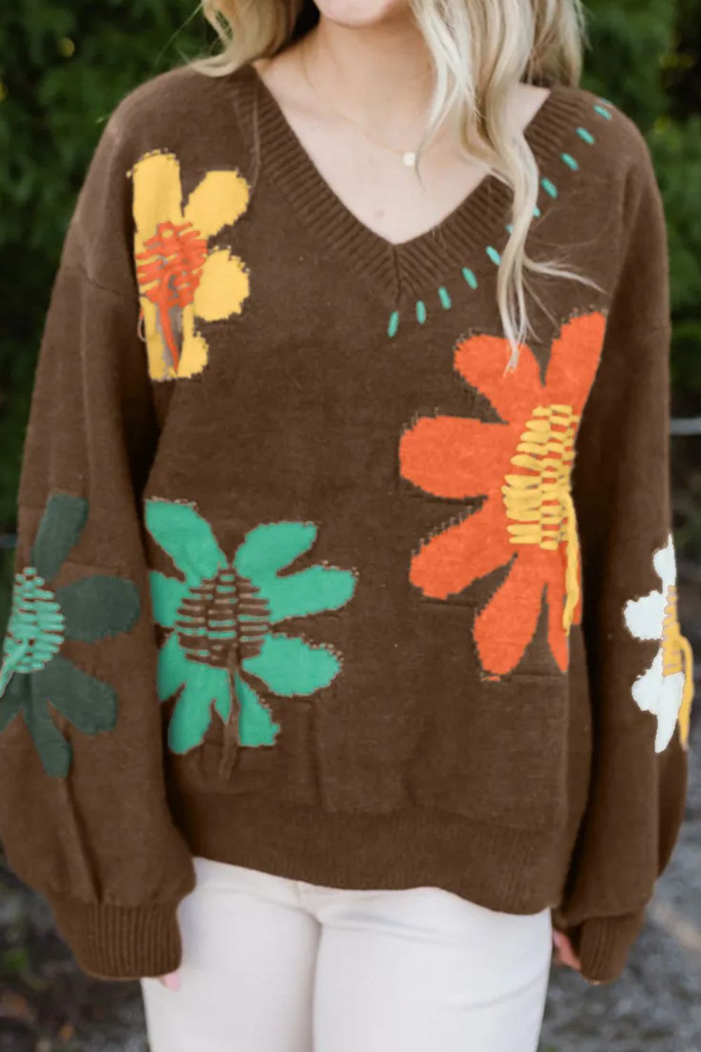 Stilla | Blomster Pullover Med V-udskæring og Nedsatte Skuldre