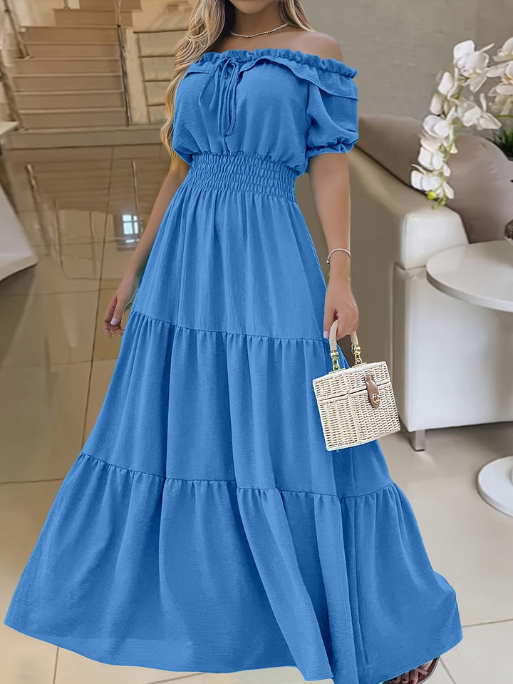 Stilla | Sommerkjole Med Bare Skuldre. Elegant Maxikjole Med Flæser