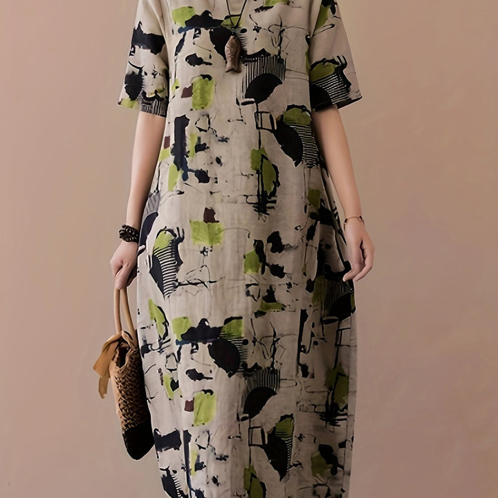 Stilla | Elegant Linned Midi Kjole Med Markant Abstrakt Mønster