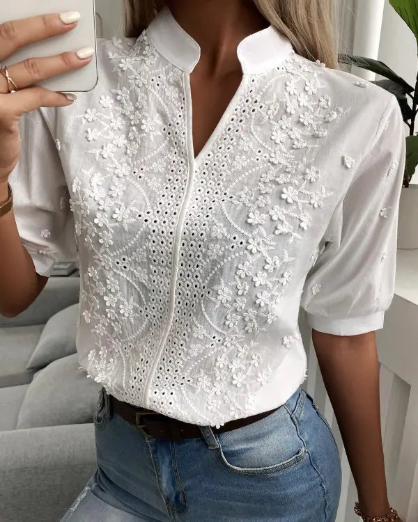 Stilla | Bluse Broderet Blomster Spids Top