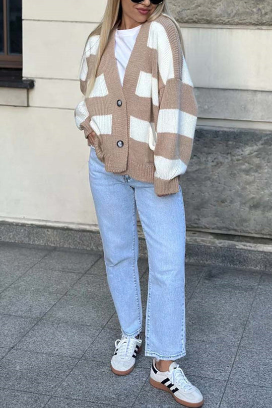 Stilla | Stribet Casual Cardigan Med Lange Ærmer, Lommer Og V-udskæring