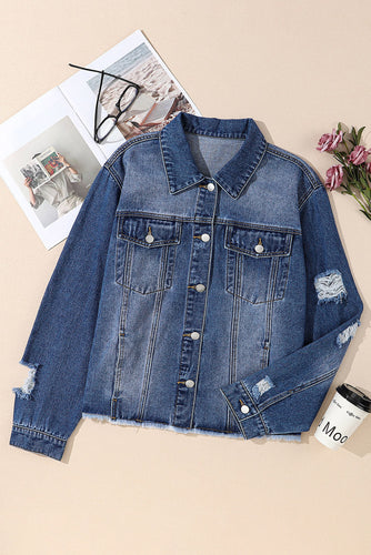 Stilla | Størrelse Distressed Button up Raw Hem Denim Jakke