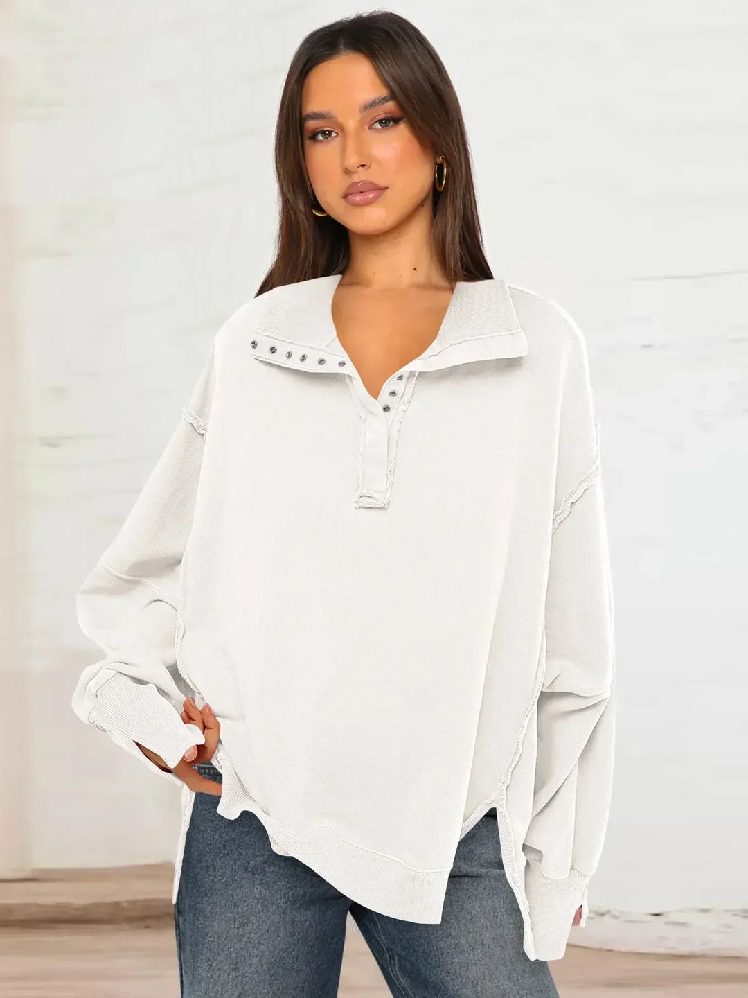 Stilla | Casual Sweatshirt Med Skipperkrave, Knaplukning Og Puffærmer