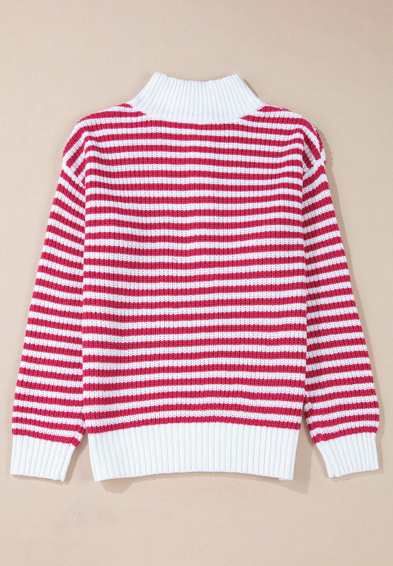 Stilla | Stribet Pullover Med Lange Ærmer og Halv Lynlås og Ståkrave