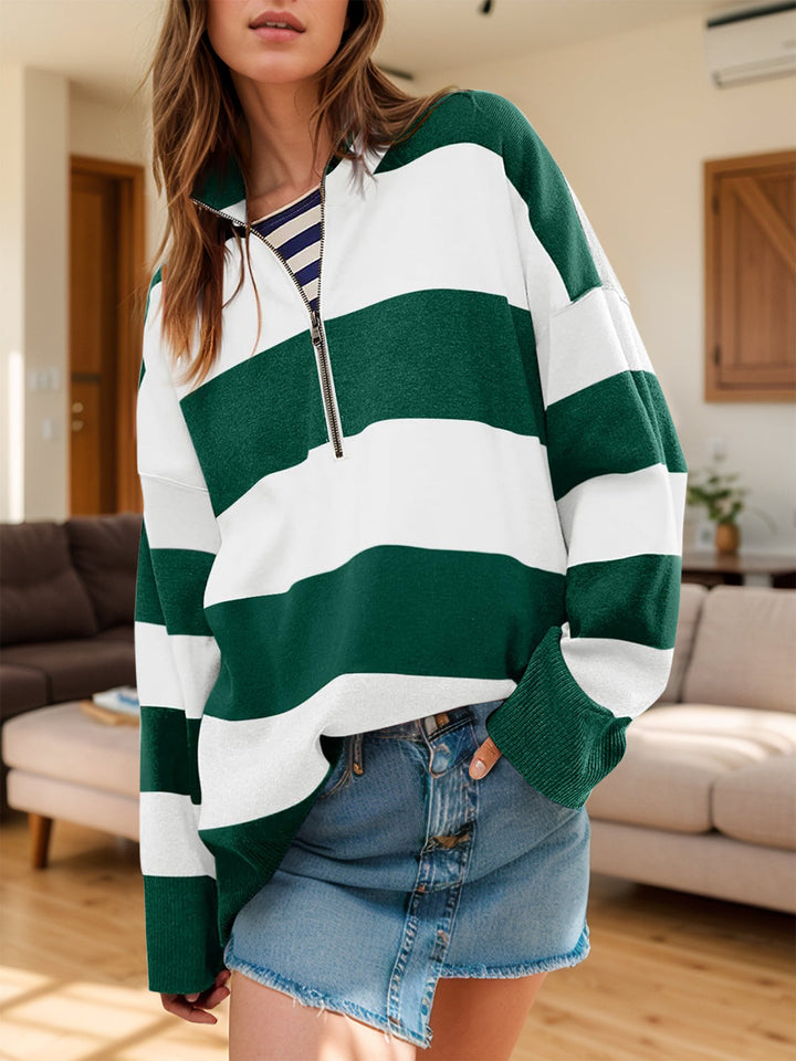 Stilla | Farveblok Sweater Med Lange Ærmer og Halv Lynlås