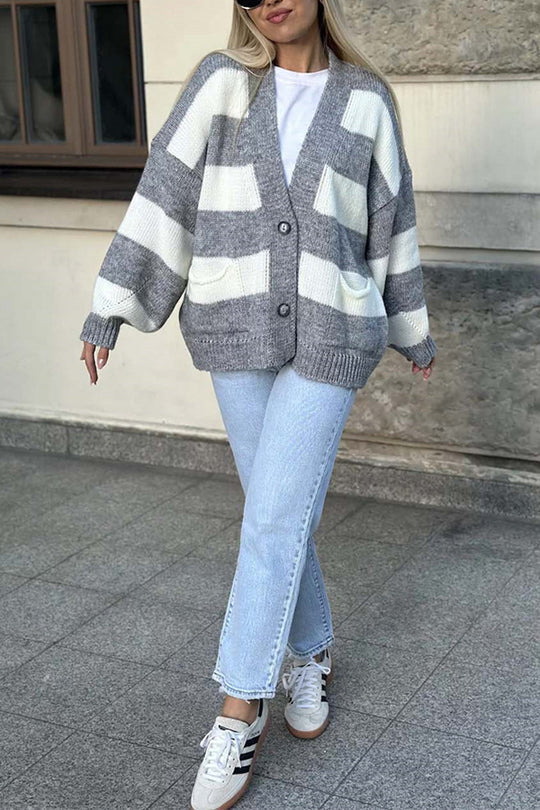 Stilla | Stribet Casual Cardigan Med Lange Ærmer, Lommer Og V-udskæring