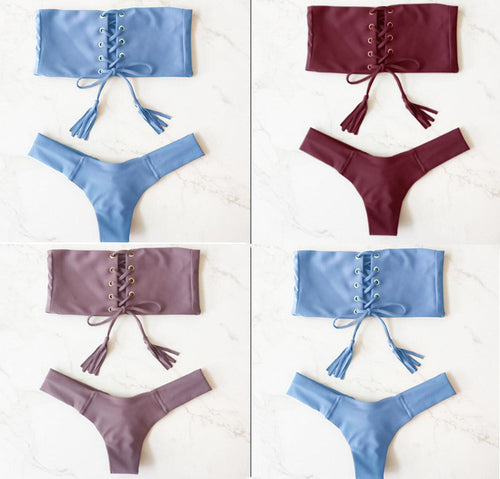 Dame Bandeau-Bikini med elegant snørredesign og stilige frynser Stilla