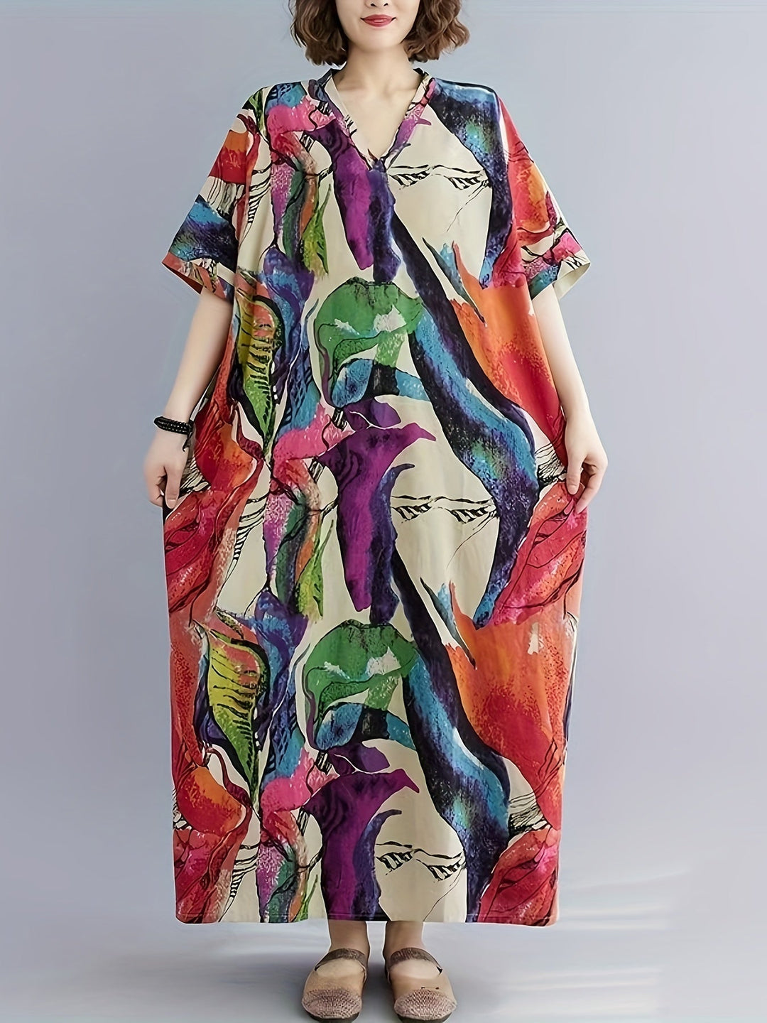 Stilla | Letende Boho Kaftan Kjole Plus Size, V-Hals, Lommer Og Perfekt Til Sommer Og Ferie