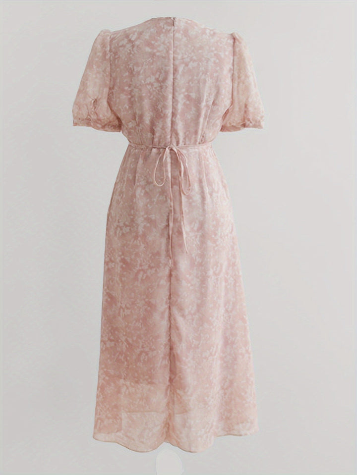 Stilla | Elegant Chiffon Midi Kjole Blomstermønster, V-Udskæring Og Puffede Ærmer