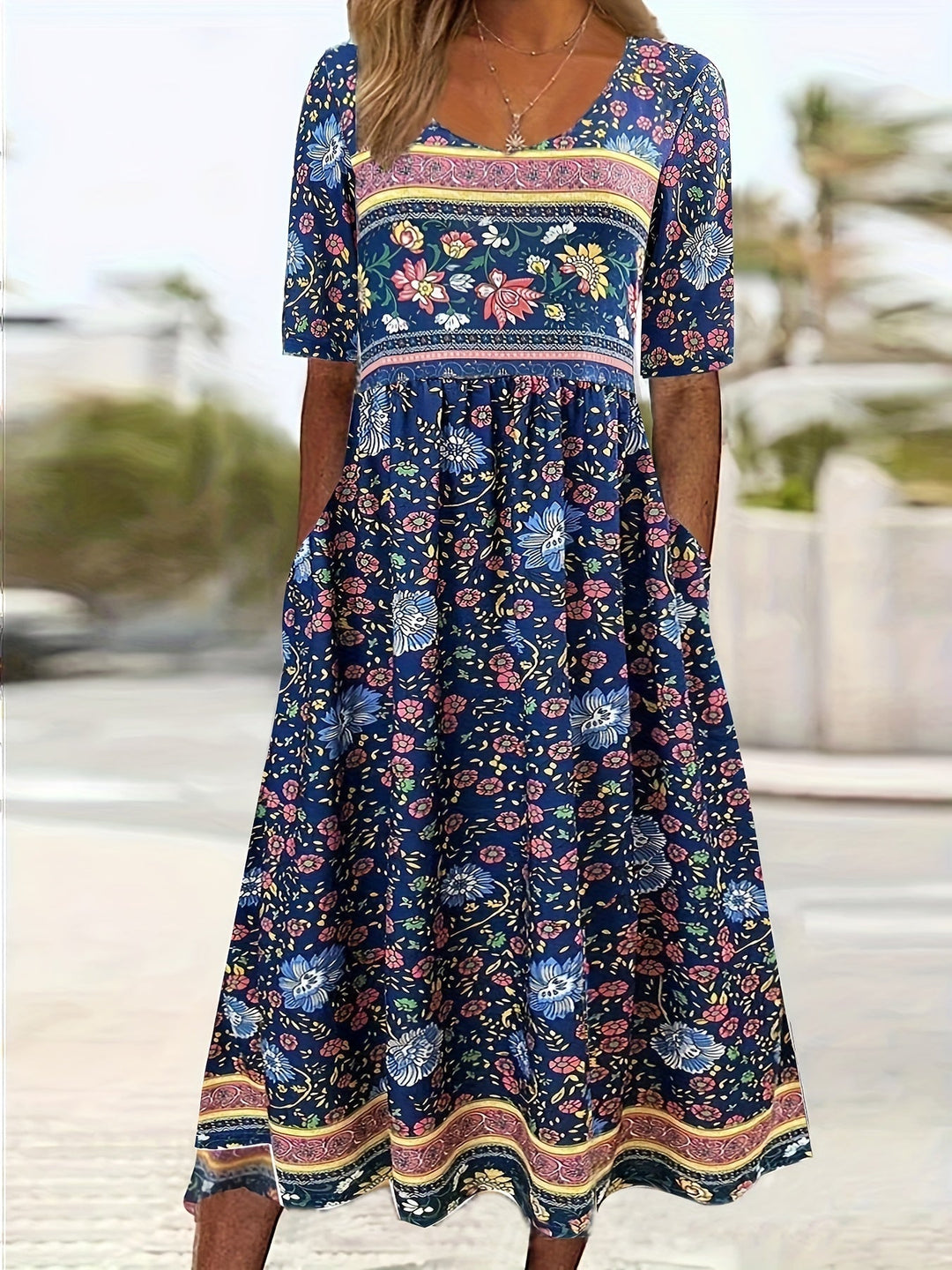 Stilla | Årgang Kjole Med Boho Blomsterprint, Høj Talje Og Korte Ærmer Til Kvinder