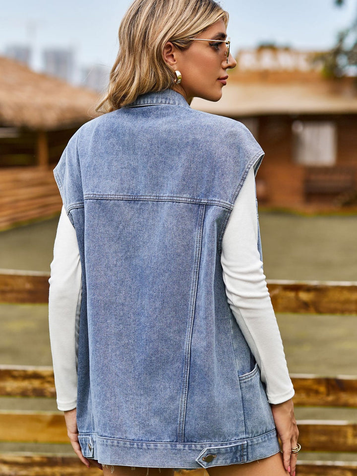 Stilla | Up Collared Neck Sleeveless Denim Jacket