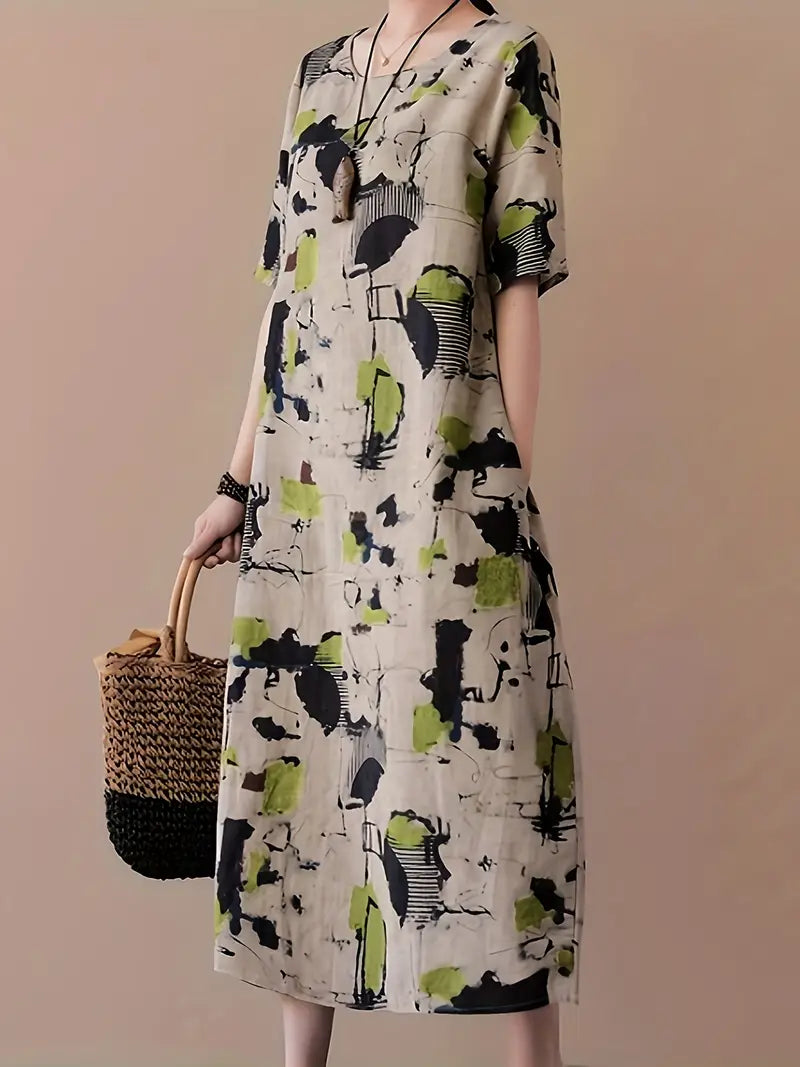 Stilla | Kunstnerisk Linned Midi Kjole Livlig Abstrakt Elegance Løse Korte Ærmer