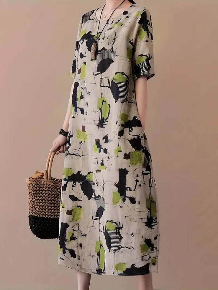 Stilla | Kunstnerisk Linned Midi Kjole Livlig Abstrakt Elegance Løse Korte Ærmer