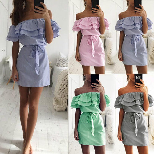 Dame Off-Shoulder Kjole med Flæser og Taljebælte Stilla