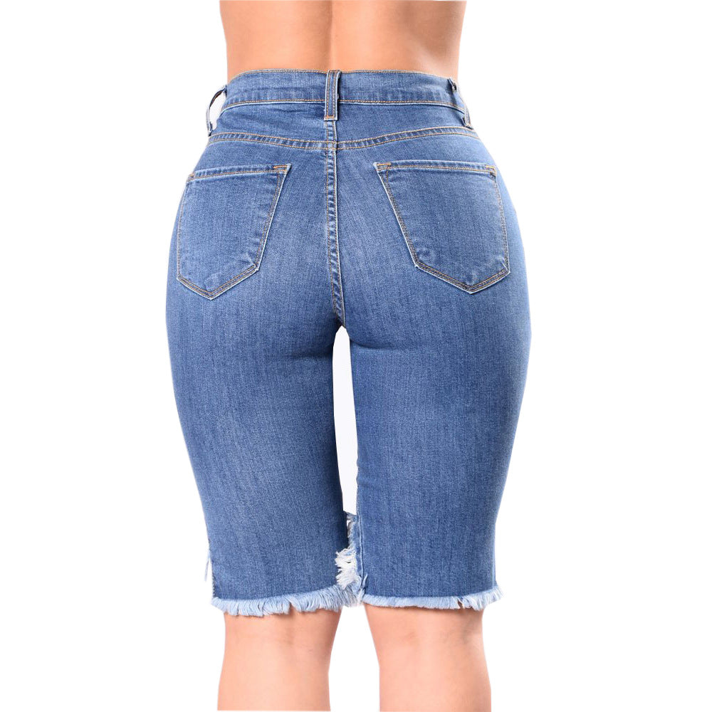 Dame figursyet Jeansnederdel med fashionable Destroyed-elementer og frynset kanter Stilla