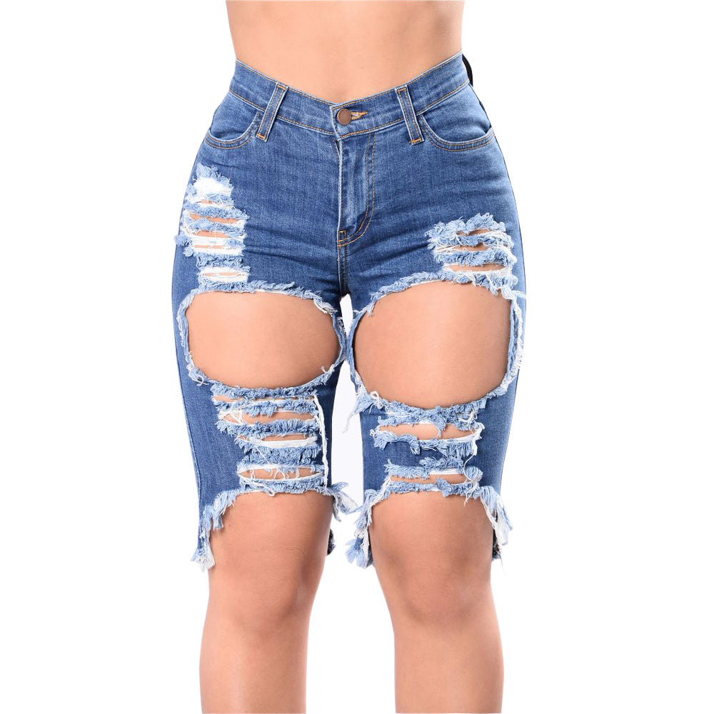 Dame figursyet Jeansnederdel med fashionable Destroyed-elementer og frynset kanter Stilla