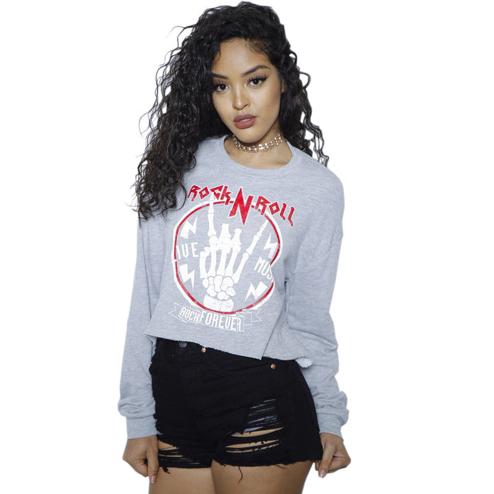 Dame afslappet cropped sweatshirt med grafisk tryk og kontrasterende ærmeafslutninger Stilla