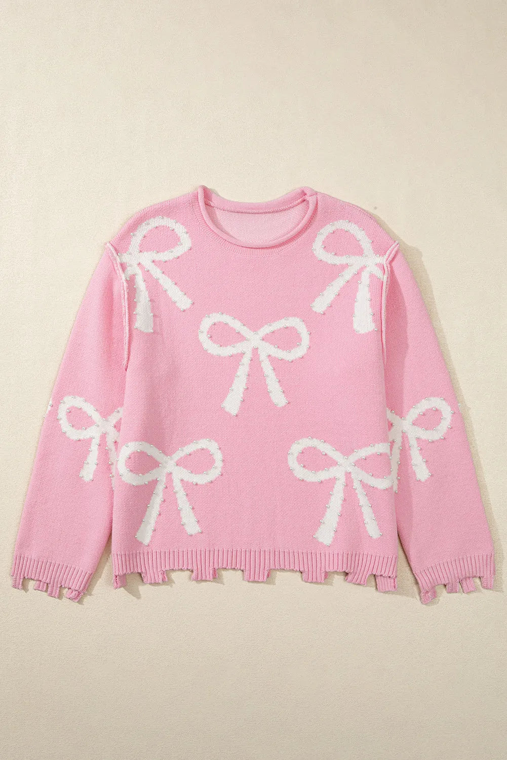Stilla | Rundhalset Pullover Med Lange Ærmer og Perler samt Sløjfedetalje