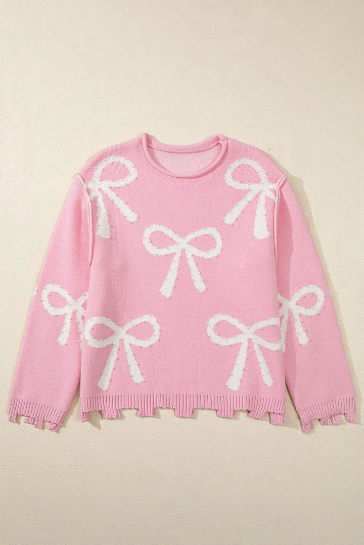 Stilla | Rundhalset Pullover Med Lange Ærmer og Perler samt Sløjfedetalje