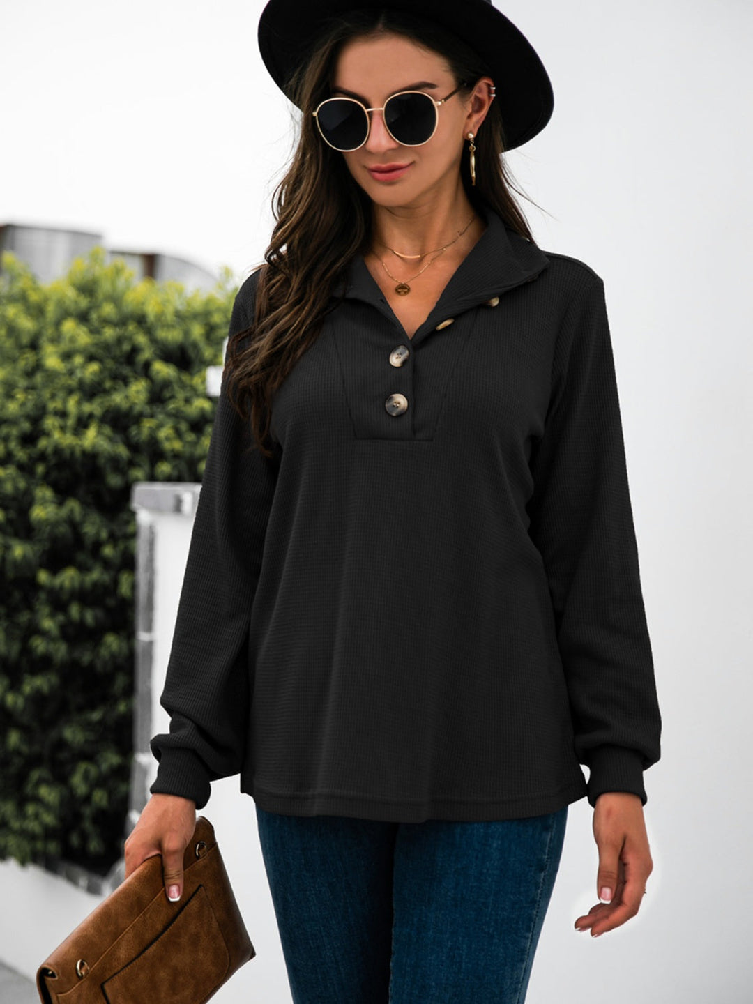 Stilla | T-shirt Halv Åben Med Lange Ærmer