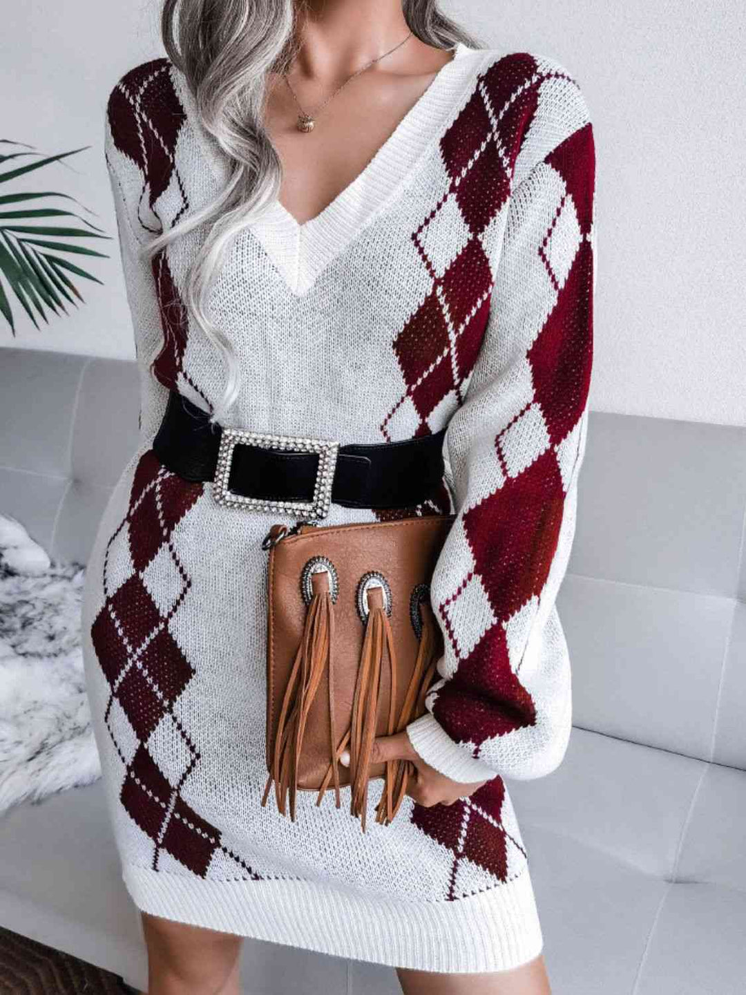 Stilla | Højre Argyle V-hals Ribbet Kant Sweater Kjole