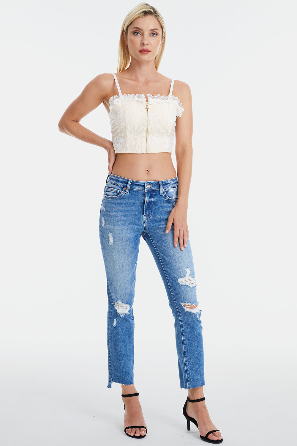 Stilla | Full Size Mid Waist Distressed Ripped Straight Jeans