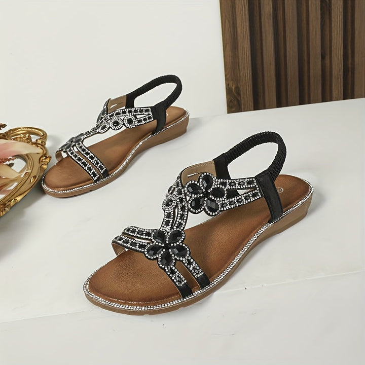 Stilla | Boho Blomster Rhinestone Sandaler Med Åben Tå Og Elastisk Rem