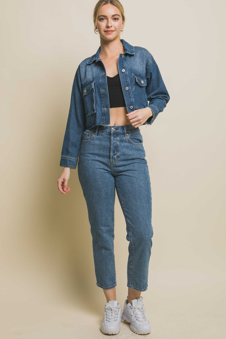Stilla | Tree Raw Hem Button Up Cropped Denim Jakke