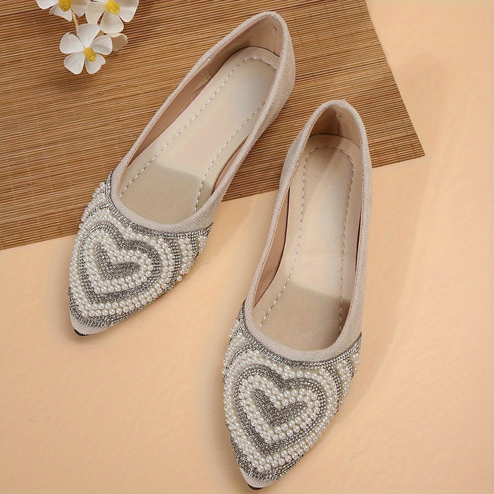 Stilla | Chic Dame Slip on Flats Med Hjerte Pearl & Strass, Elegante Sommer Flats