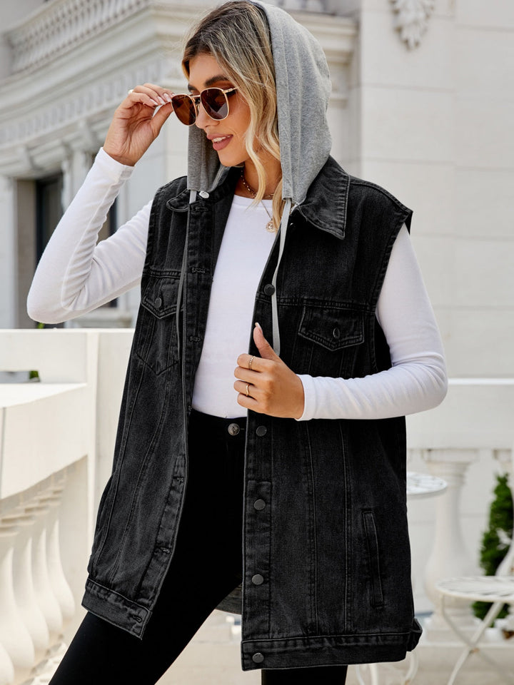 Stilla | Pocketed Button Up Uden Ærmer Denim Jakke