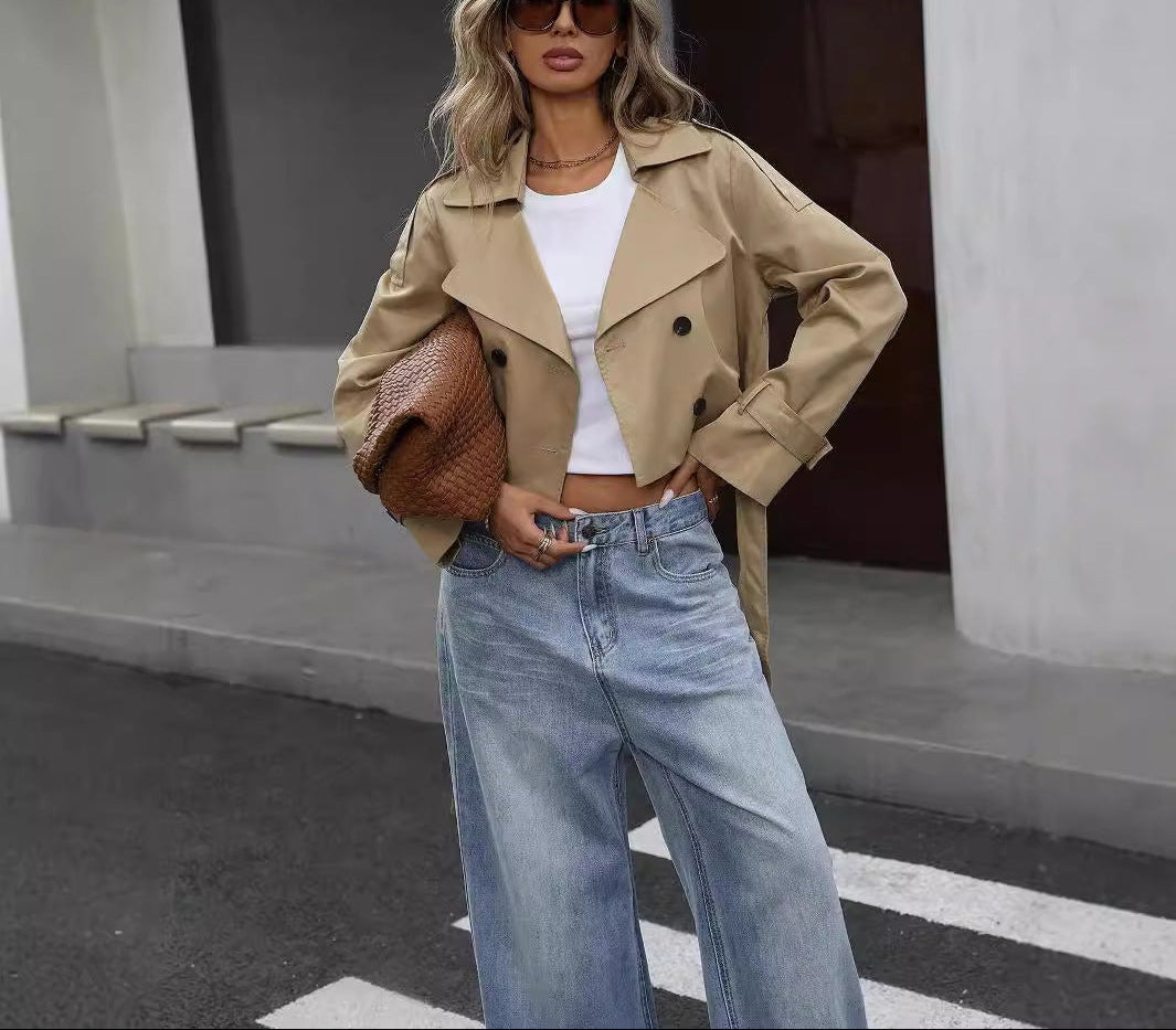 Stilla | Khaki Crop Trenchcoat - Elegant bæltestil