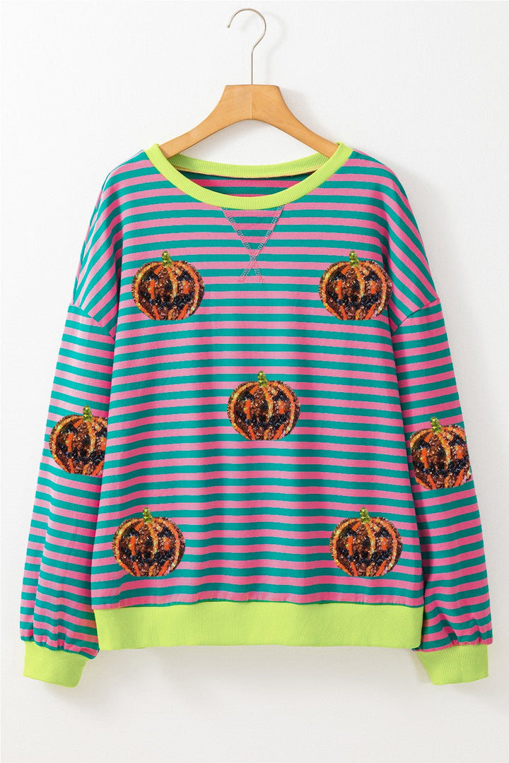 Stilla | Langærmet Sweatshirt med Rund, Stribet Græskar Uddybning