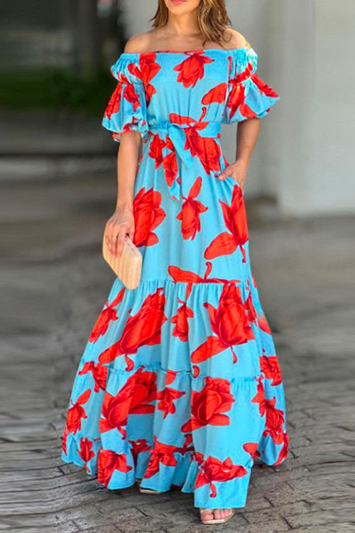 Stilla | Af Shoulder Puffærme Bånd Taljen Maxi Floral Flæse Kjole