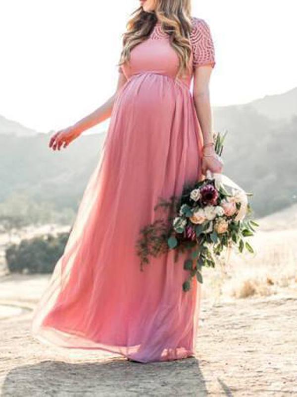 Stilla | Lang Kjole Til Baby Shower Fotoshoot in Elegante Plisseret Blonde Hverdag Hverdag Graviditet