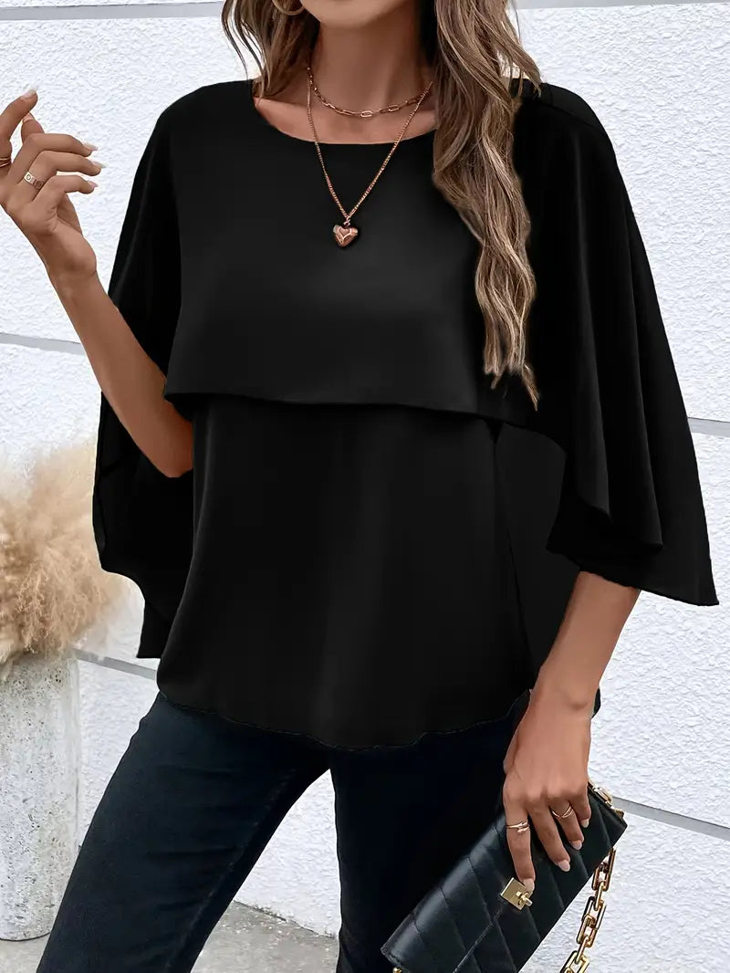 Stilla | Elegant Asymmetrisk Dametop Med Rund Halsudskæring, Ærmer Kappe Stil, Til Fritids Og Kontorbrug