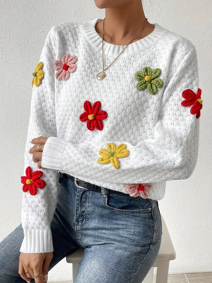 Stilla | Striktrøje med 3d blomsterdesign