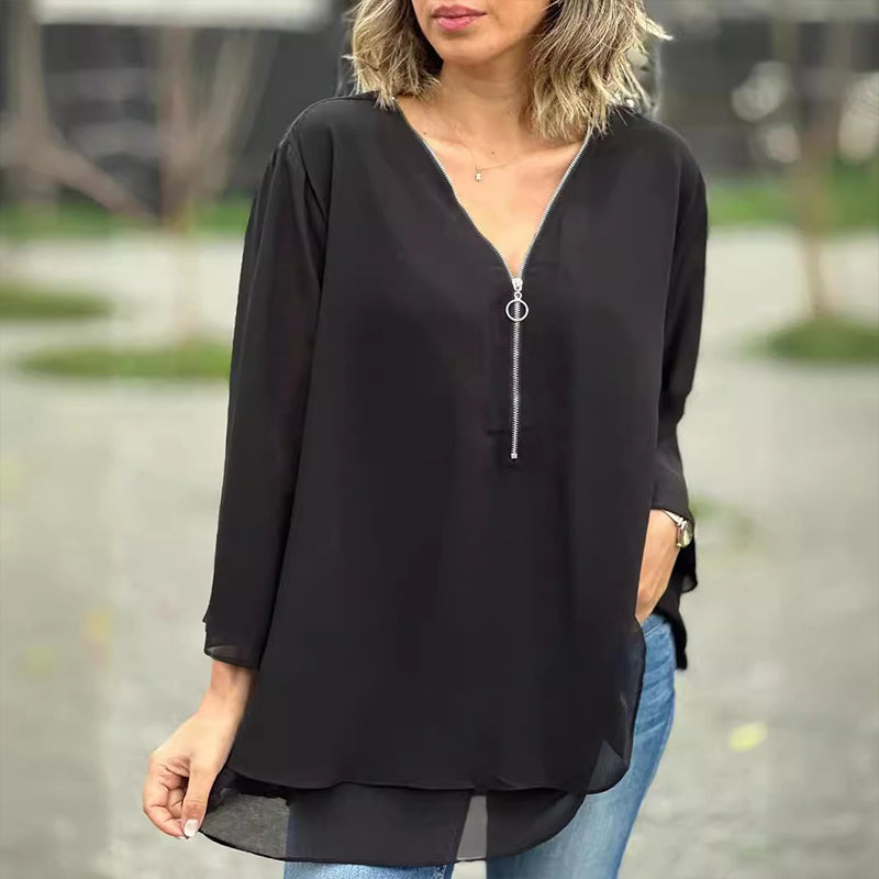 Stilla | V-hals Flydende Lynlåse T-shirt