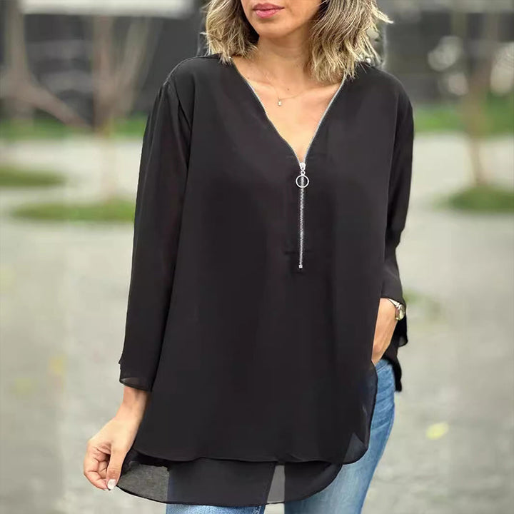 Stilla | V-hals Flydende Lynlåse T-shirt