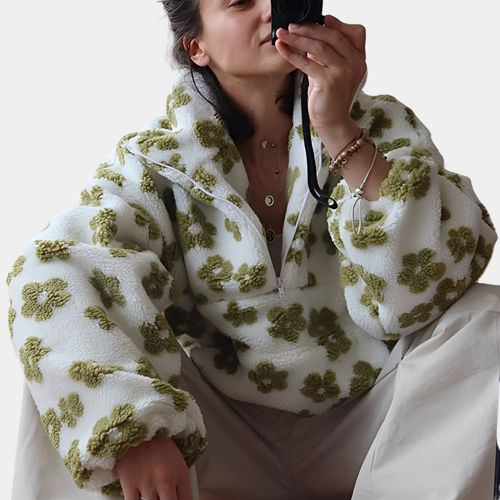 Stilla | Dame-Sherpa-Trøje med Stilfuldt Blomsterdesign