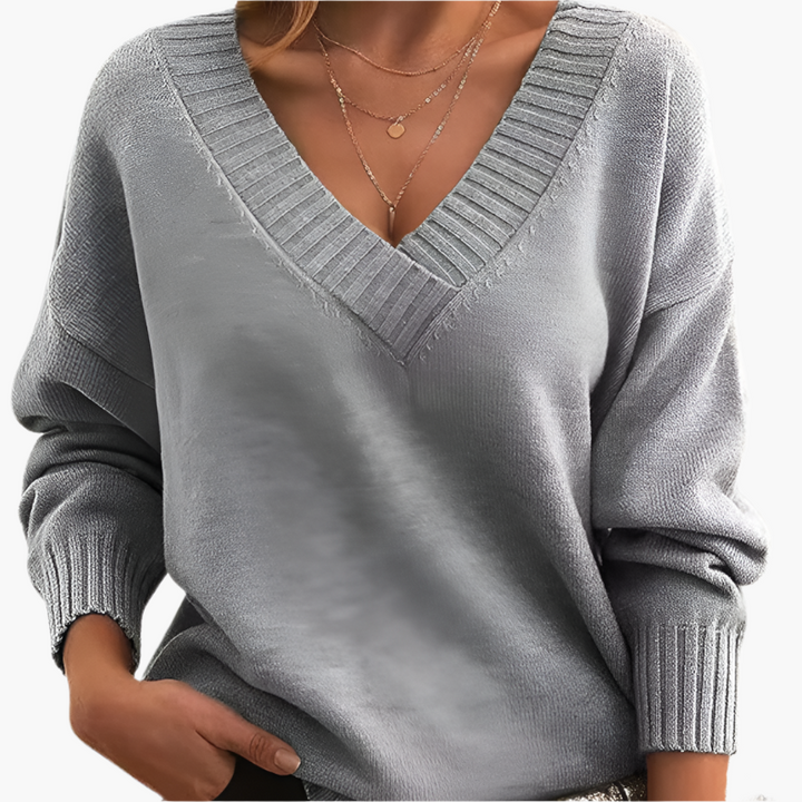 Stilla | V-Udskæring Sweatshirt - Elegant Strikpullover I Oversize-Stil til Hverdag & Kontor