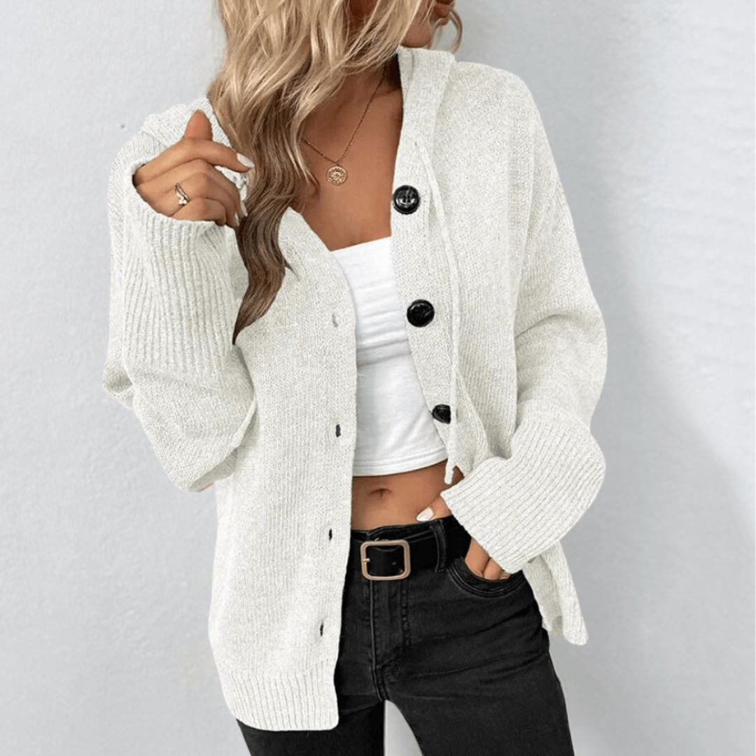 Stilla | Dame Cardigan Blød Strik Oversized-Pasform Knaplukning Hætte Ribkant