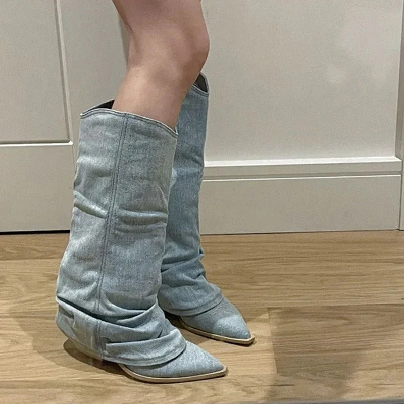 Stilla | Kvinder Knælang Denim Cowboy Støvler