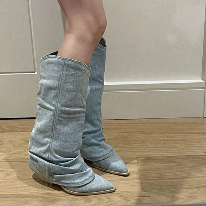 Stilla | Kvinder Knælang Denim Cowboy Støvler