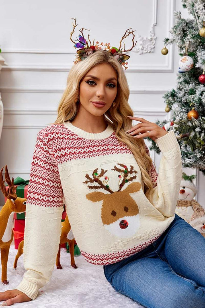 Stilla | Juleagtig rundhalset broderet strikbluse