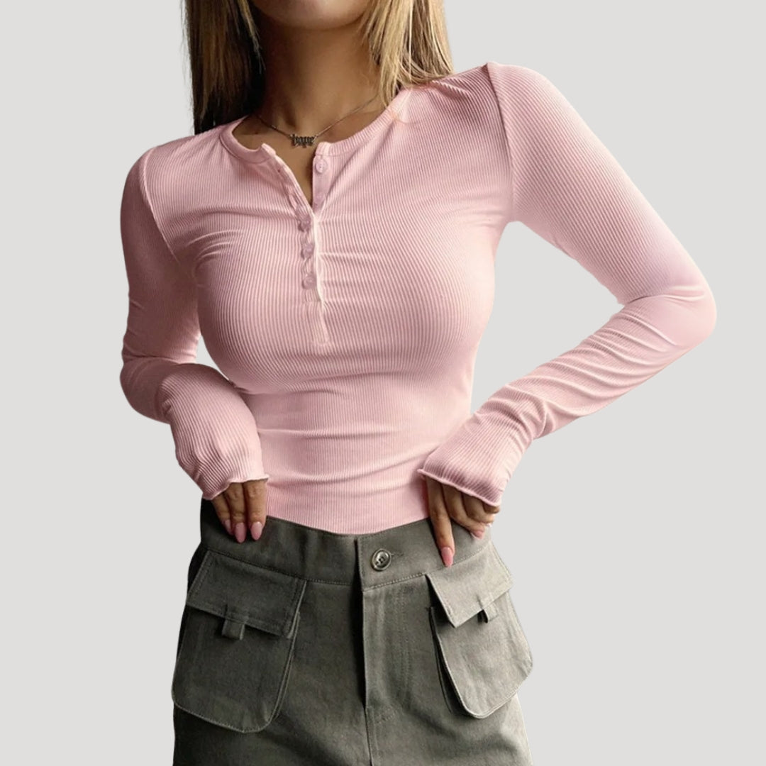 Stilla | Ribbet Langærmet Henley Komfortabel Basis Top