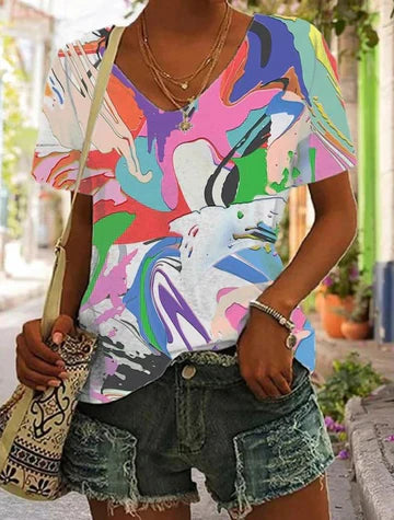 Stilla | Dame T-shirt med patchwork print