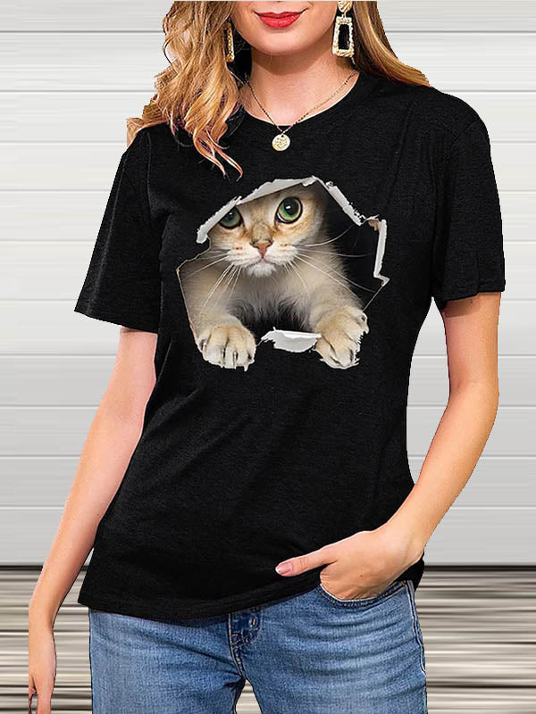 Stilla | Crew Neck Korte Ærmer Kat Print T-shirt
